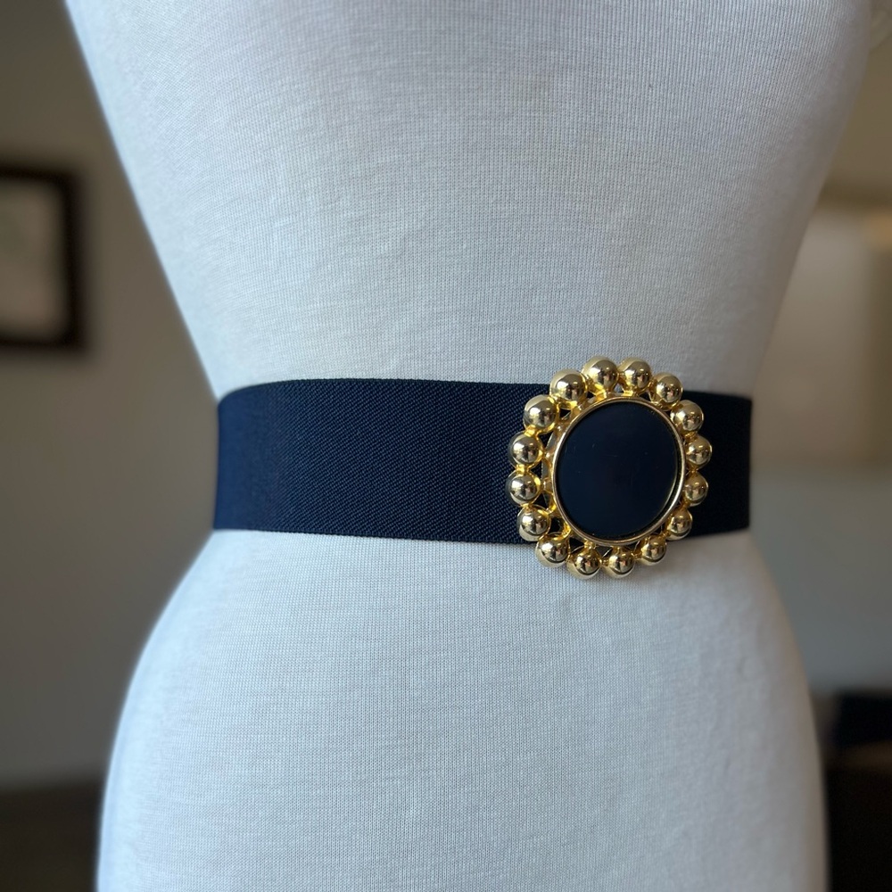 Vintage 1980s Dark Navy Blue Stretch Belt – Gold Buckle - Picture 6 of 7